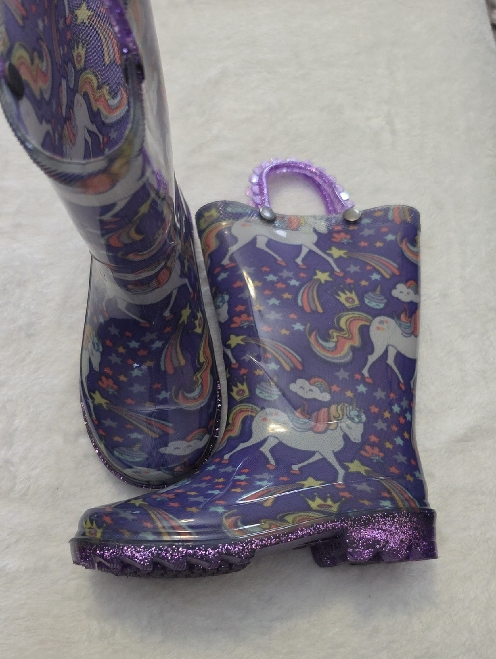 Kids Purple Unicorn Rain Boots with Glitter Sole